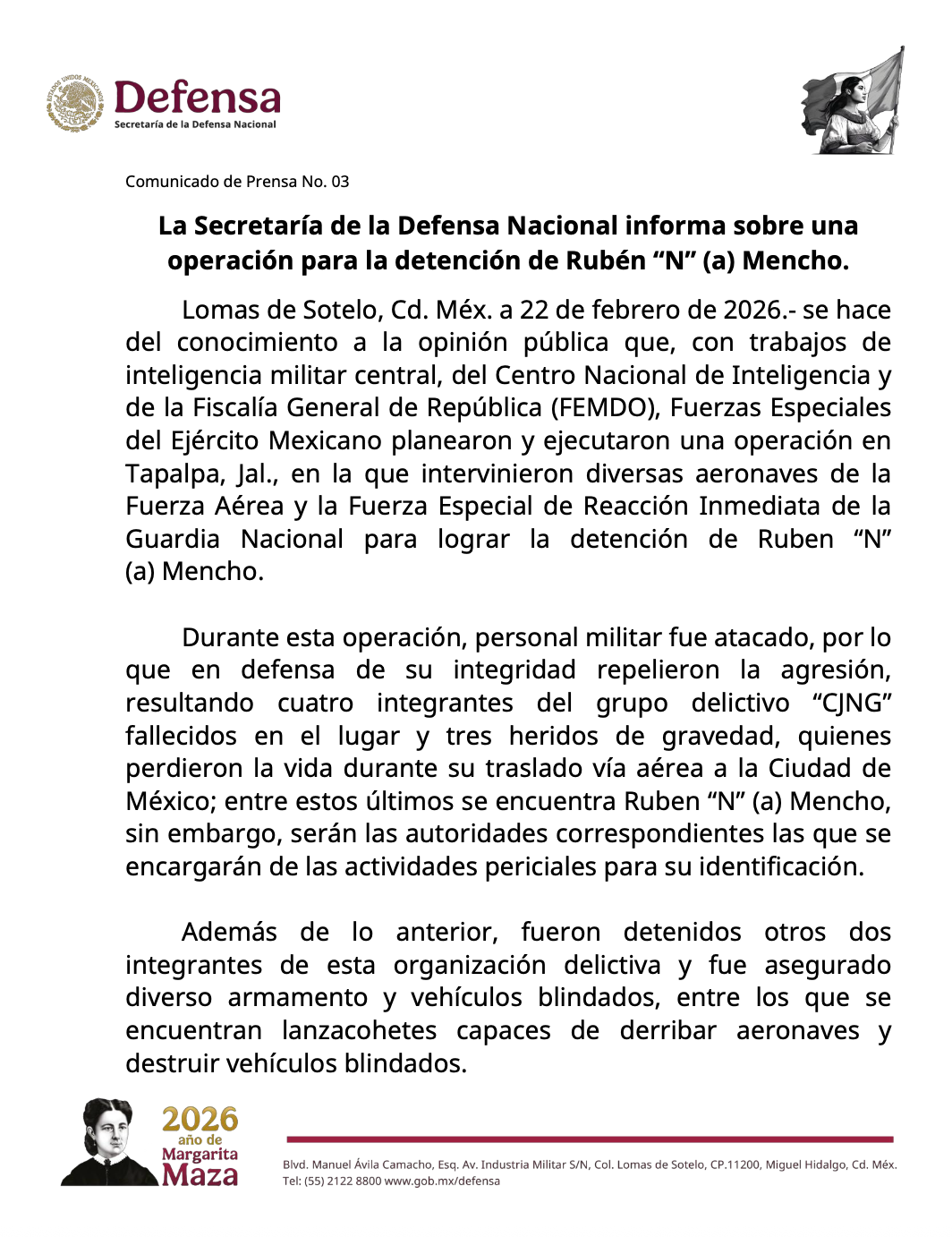 SEDENA confirma muerte de \"El Mencho\" tras operativo de Fuerzas Especiales en Tapalpa